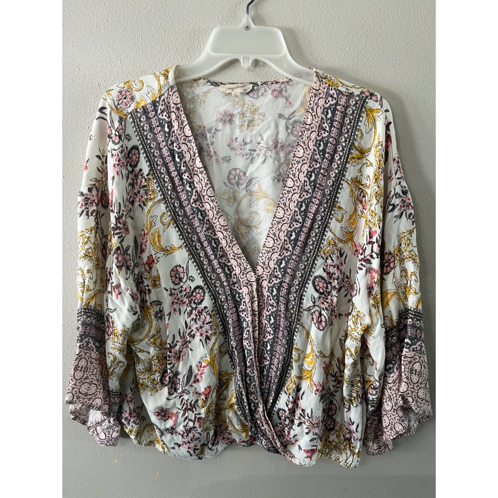 MYSTREE Blouse Boho Floral Surplice Top Womens L White Pink Paisley Bell Sleeve